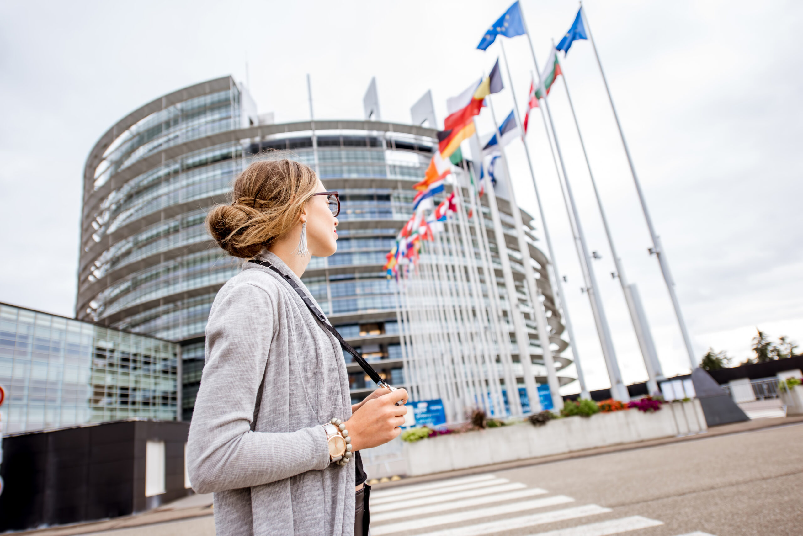 Woman near the European parliament building in Strasbourg